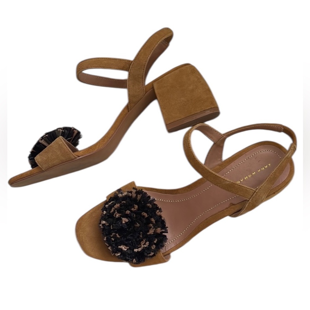 Zara Pom Pom Suede Sandals Tan with Black and Tan Raffia Pom Pom Design Size 7.5 - Picture 2 of 7